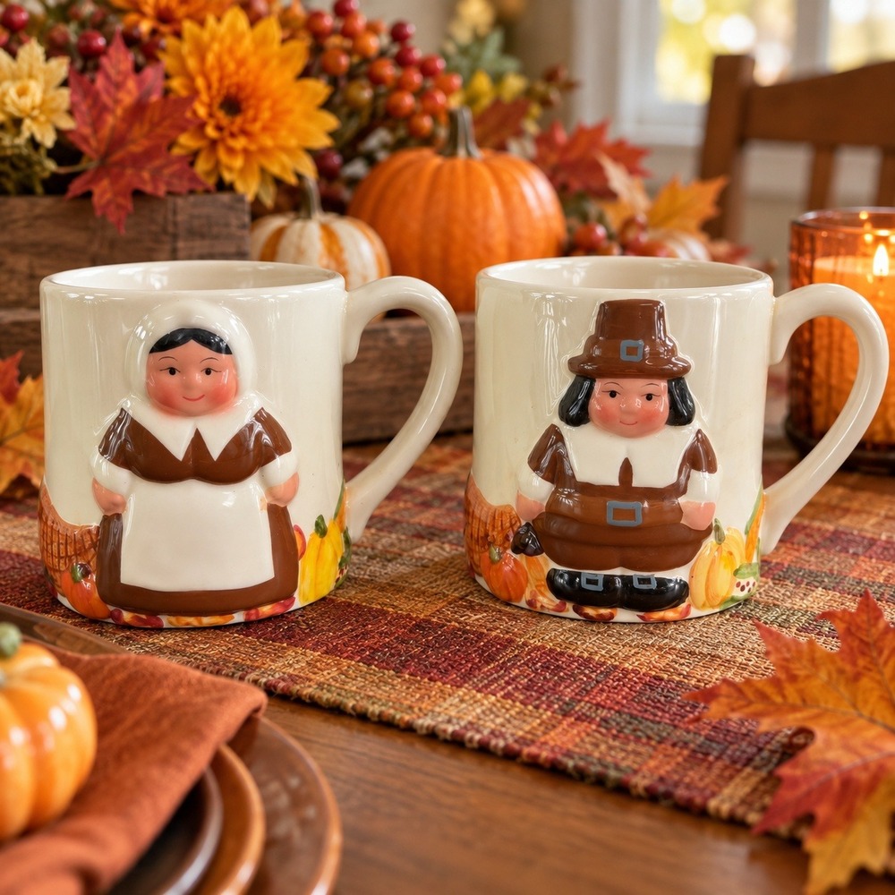 Publix The Pilgrim Pair Thanksgiving Mugs Set Ceramic Pilgrims Harvest Fall